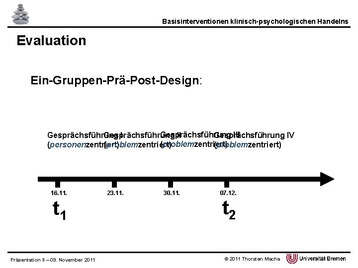 Basisinterventionen klinisch-psychologischen Handelns Evaluation Ein-Gruppen-Prä-Post-Design: Gesprächsführung III Gesprächsführung IV (problemzentriert) (personenzentriert) (problemzentriert) 16. 11.