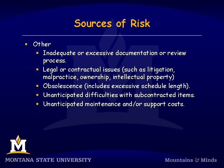 Sources of Risk § Other § Inadequate or excessive documentation or review process. §