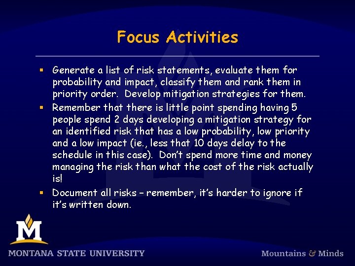 Focus Activities § Generate a list of risk statements, evaluate them for probability and