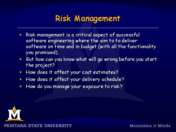 Risk Management § Risk management is a critical aspect of successful software engineering where