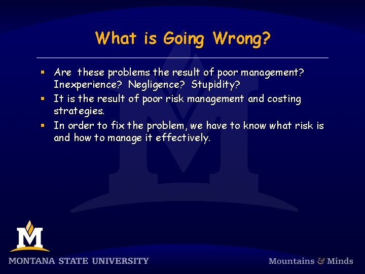 What is Going Wrong? § Are these problems the result of poor management? Inexperience?