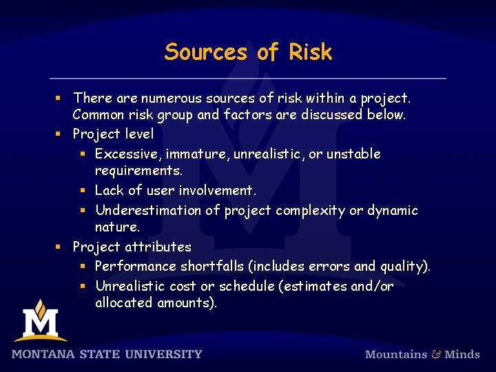 Sources of Risk § There are numerous sources of risk within a project. Common