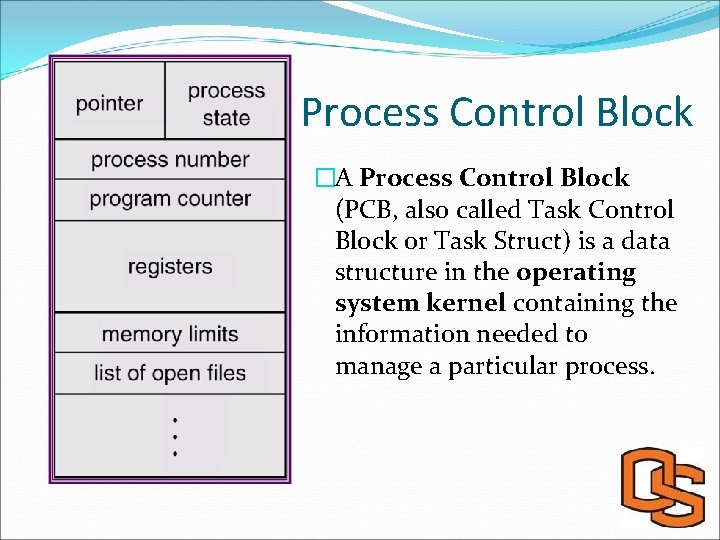 Process Control Block �A Process Control Block (PCB, also called Task Control Block or