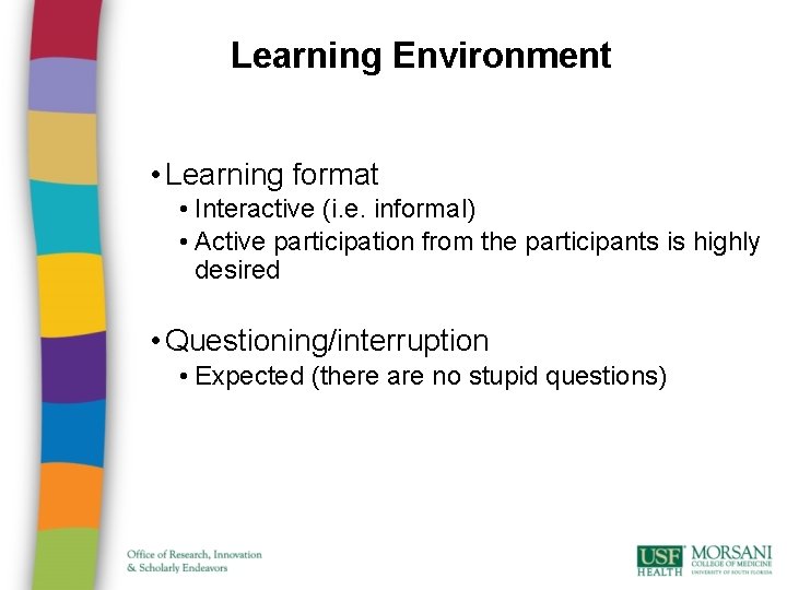 Learning Environment • Learning format • Interactive (i. e. informal) • Active participation from