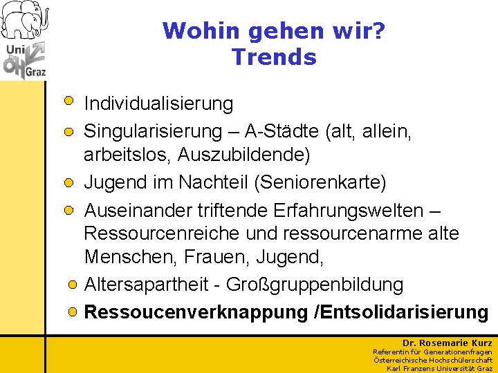 Wohin gehen wir? Trends Individualisierung Singularisierung – A-Städte (alt, allein, arbeitslos, Auszubildende) Jugend im