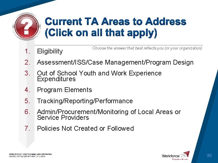 1. Eligibility Choose the answer that best reflects you (or your organization) 2. Assessment/ISS/Case