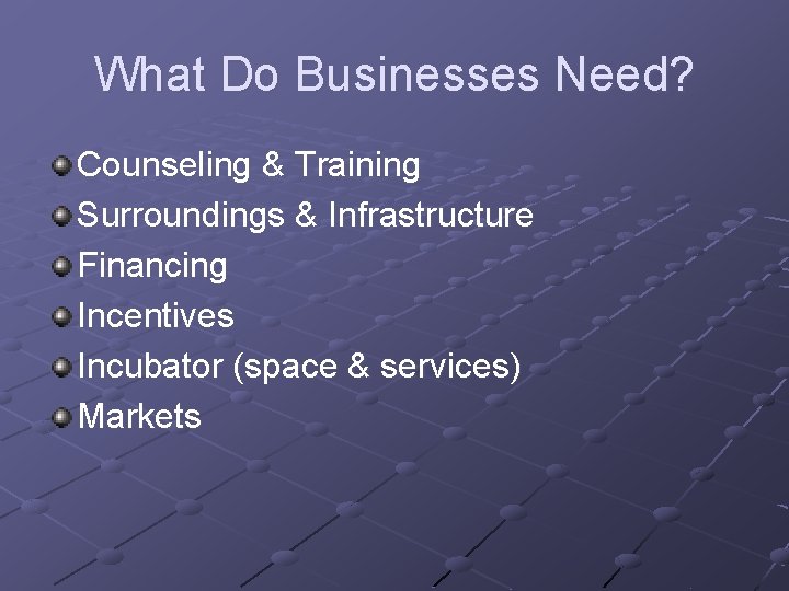 What Do Businesses Need? Counseling & Training Surroundings & Infrastructure Financing Incentives Incubator (space