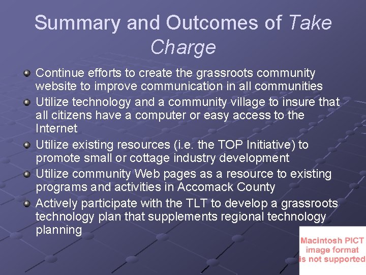 Summary and Outcomes of Take Charge Continue efforts to create the grassroots community website
