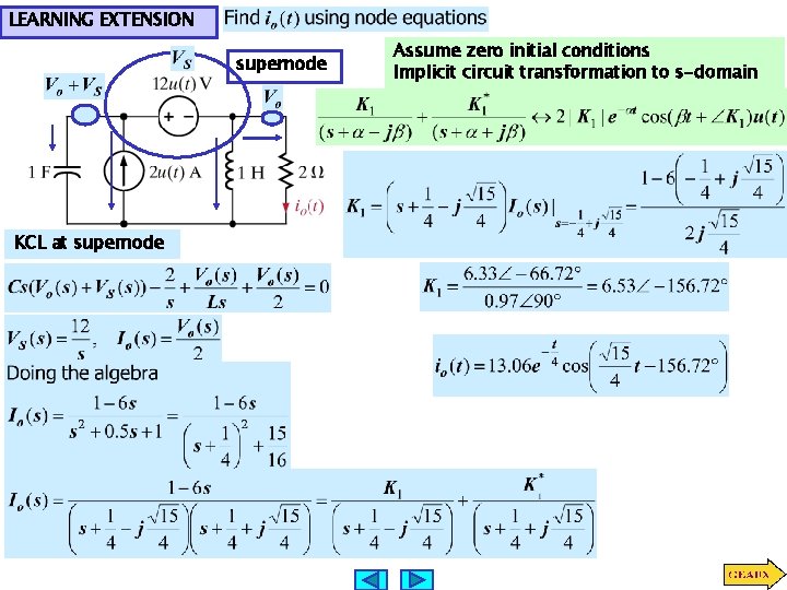 LEARNING EXTENSION supernode KCL at supernode Assume zero initial conditions Implicit circuit transformation to