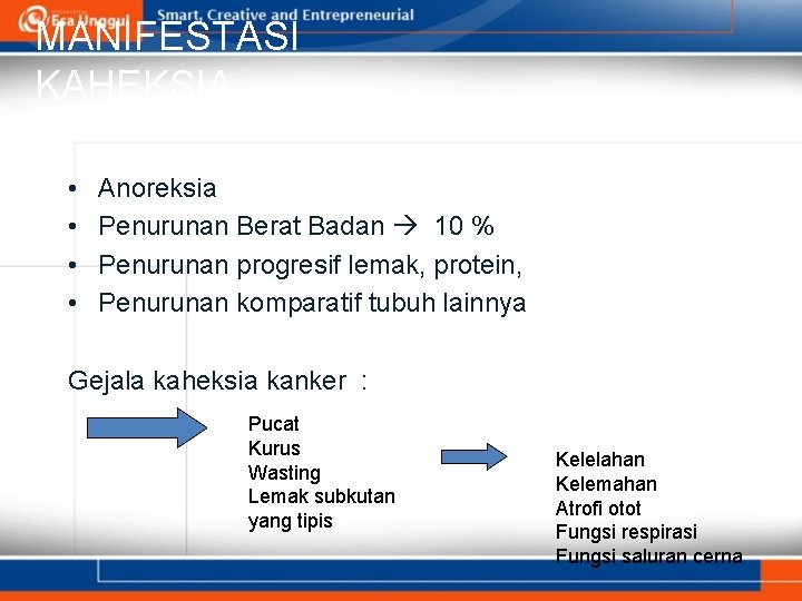 MANIFESTASI KAHEKSIA • • Anoreksia Penurunan Berat Badan 10 % Penurunan progresif lemak, protein,