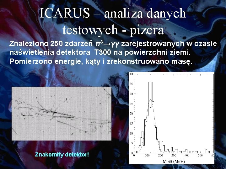 ICARUS – analiza danych testowych - pizera Znaleziono 250 zdarzeń π0→γγ zarejestrowanych w czasie
