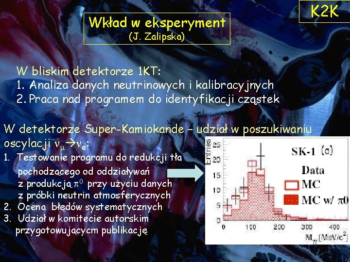 Wkład w eksperyment K 2 K (J. Zalipska) W bliskim detektorze 1 KT: 1.