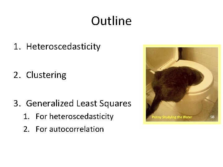 Outline 1. Heteroscedasticity 2. Clustering 3. Generalized Least Squares 1. For heteroscedasticity 2. For