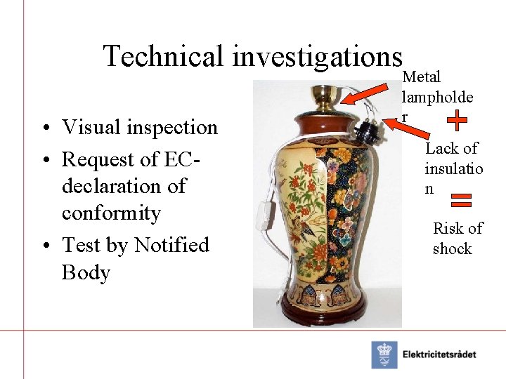 Technical investigations • Visual inspection • Request of ECdeclaration of conformity • Test by