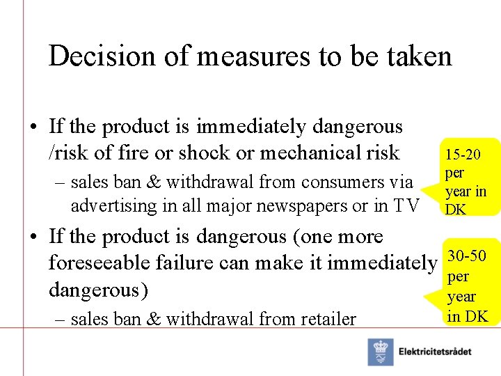 Decision of measures to be taken • If the product is immediately dangerous /risk