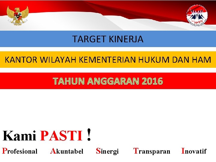 TARGET KINERJA KANTOR WILAYAH KEMENTERIAN HUKUM DAN HAM TAHUN ANGGARAN 2016 Kami PASTI !
