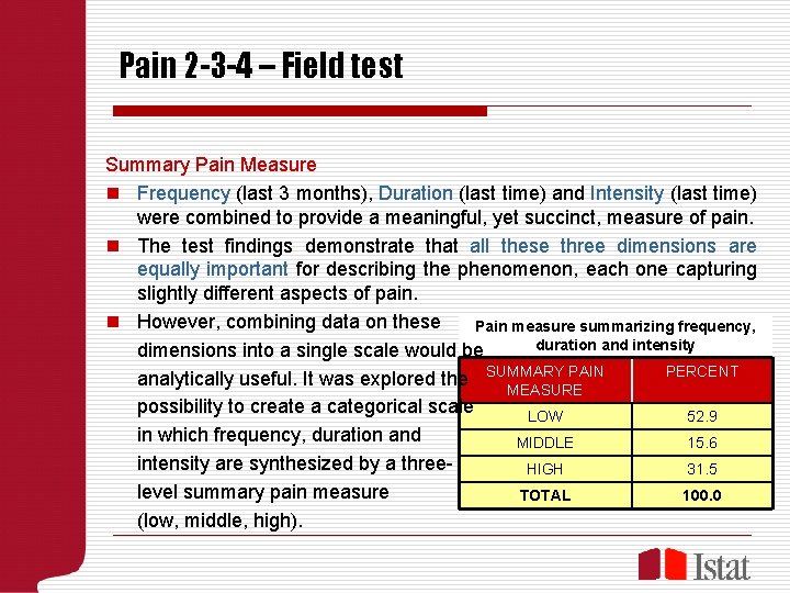 Pain 2 -3 -4 – Field test Summary Pain Measure n Frequency (last 3