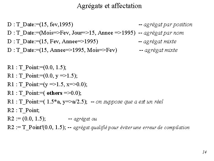 Agrégats et affectation D : T_Date: =(15, fev, 1995) D : T_Date: =(Mois=>Fev, Jour=>15,