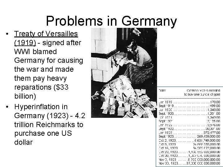 Problems in Germany • Treaty of Versailles (1919) - signed after WWI blamed Germany