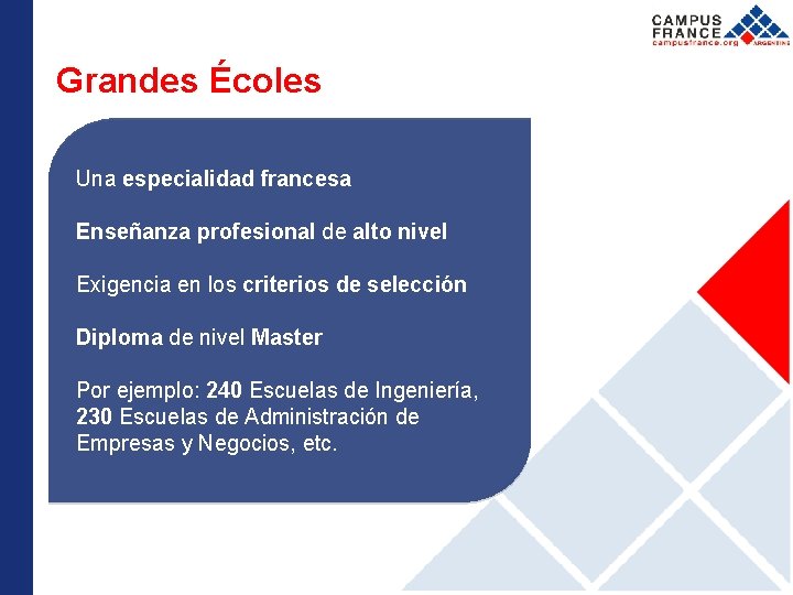 Grandes Écoles Una especialidad francesa Enseñanza profesional de alto nivel Exigencia en los criterios