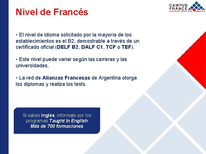 Nivel de Francés • El nivel de idioma solicitado por la mayoría de los