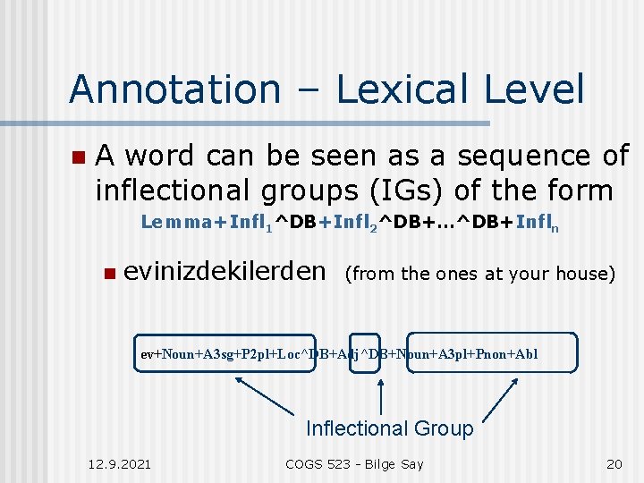 Annotation – Lexical Level n A word can be seen as a sequence of