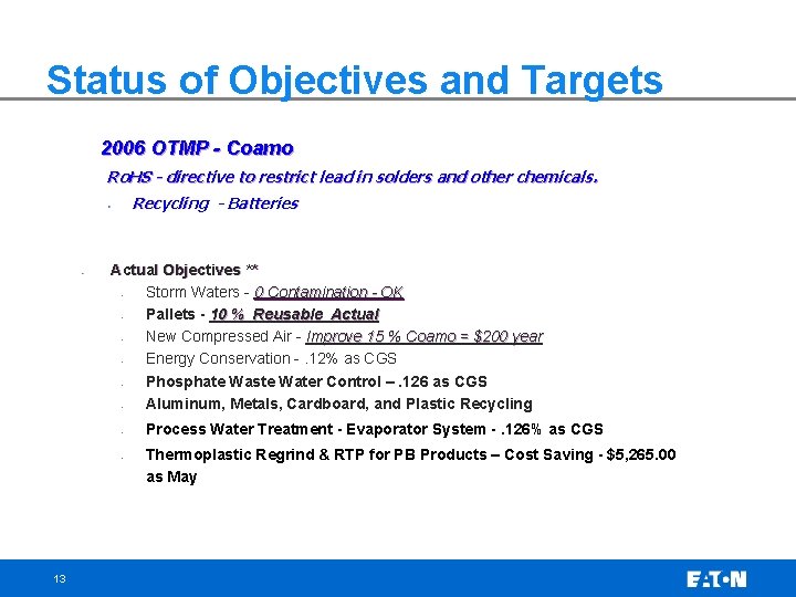 Status of Objectives and Targets 2006 OTMP - Coamo Ro. HS - directive to