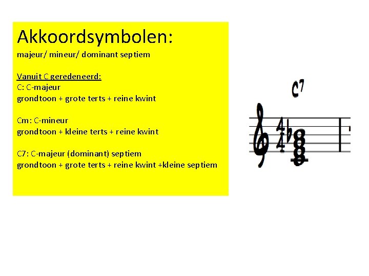 Akkoordsymbolen: majeur/ mineur/ dominant septiem Vanuit C geredeneerd: C: C-majeur grondtoon + grote terts