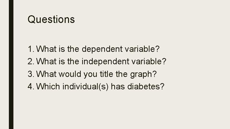 Questions 1. What is the dependent variable? 2. What is the independent variable? 3.