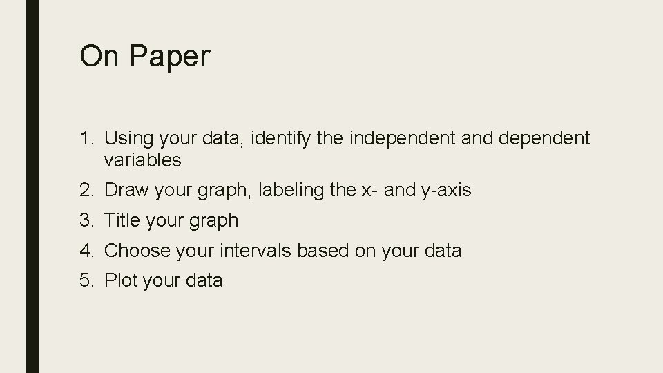 On Paper 1. Using your data, identify the independent and dependent variables 2. Draw