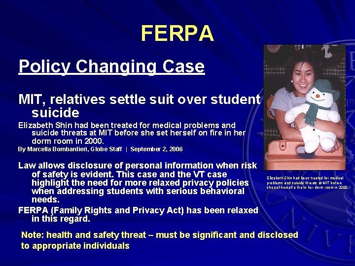 FERPA Policy Changing Case MIT, relatives settle suit over student suicide Elizabeth Shin had