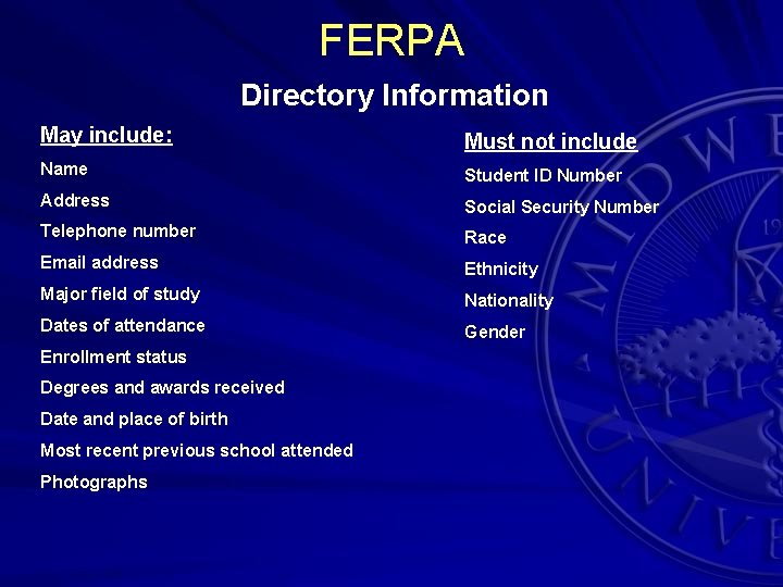 FERPA Directory Information May include: Must not include Name Student ID Number Address Social
