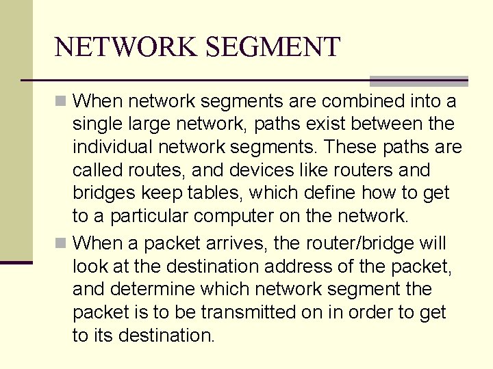 NETWORK SEGMENT n When network segments are combined into a single large network, paths