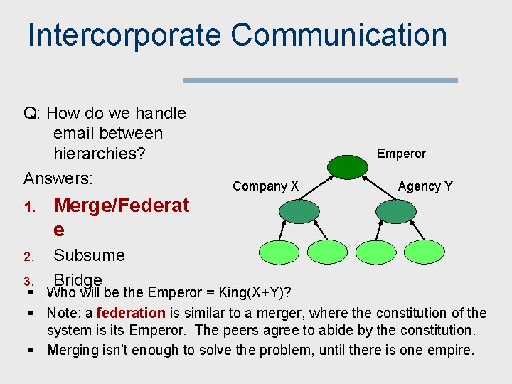 Intercorporate Communication Q: How do we handle email between hierarchies? Answers: 1. Merge/Federat e