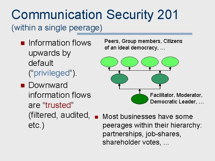 Communication Security 201 (within a single peerage) n n Information flows upwards by default