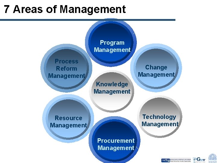 7 Areas of Management Program Management Process Reform Management Change Management Knowledge Management Technology