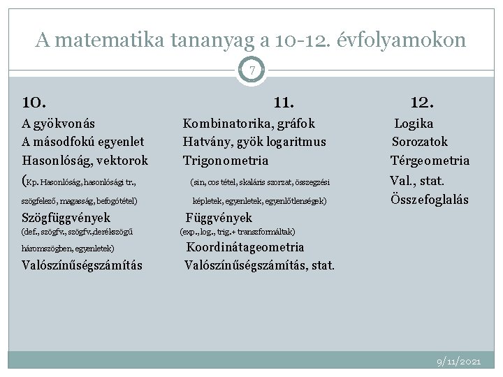 A matematika tananyag a 10 -12. évfolyamokon 7 10. 11. 12. A gyökvonás Kombinatorika, A matematika tananyag a 10 -12. évfolyamokon 7 10. 11. 12. A gyökvonás Kombinatorika,