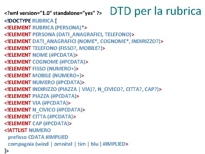 DTD per la rubrica <? xml version="1. 0" standalone="yes" ? > <!DOCTYPE RUBRICA [