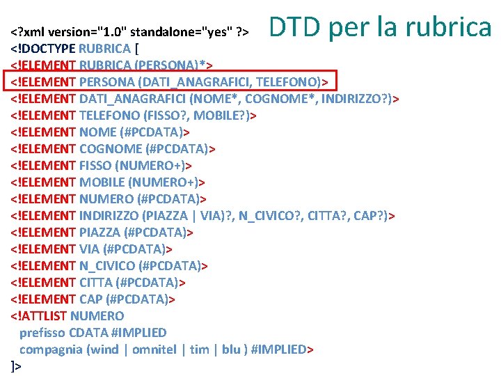 DTD per la rubrica <? xml version="1. 0" standalone="yes" ? > <!DOCTYPE RUBRICA [