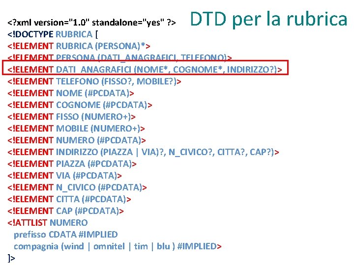 DTD per la rubrica <? xml version="1. 0" standalone="yes" ? > <!DOCTYPE RUBRICA [