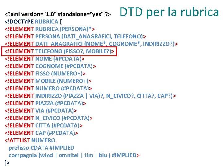 DTD per la rubrica <? xml version="1. 0" standalone="yes" ? > <!DOCTYPE RUBRICA [