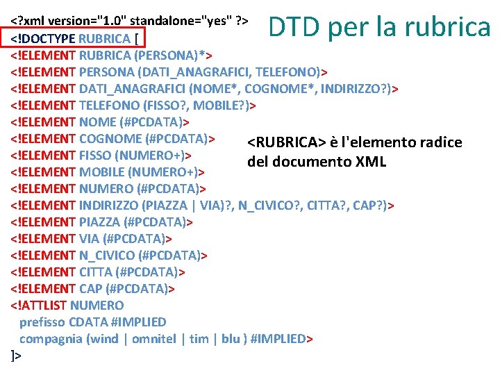 DTD per la rubrica <? xml version="1. 0" standalone="yes" ? > <!DOCTYPE RUBRICA [