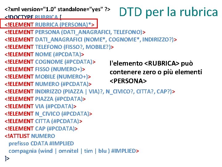 DTD per la rubrica <? xml version="1. 0" standalone="yes" ? > <!DOCTYPE RUBRICA [