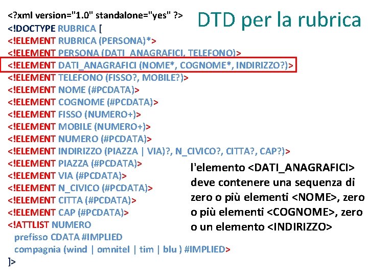 DTD per la rubrica <? xml version="1. 0" standalone="yes" ? > <!DOCTYPE RUBRICA [