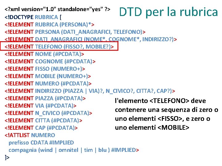 DTD per la rubrica <? xml version="1. 0" standalone="yes" ? > <!DOCTYPE RUBRICA [