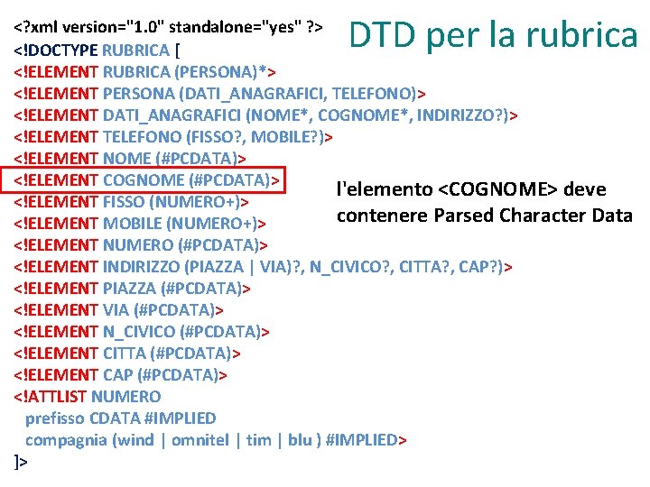 DTD per la rubrica <? xml version="1. 0" standalone="yes" ? > <!DOCTYPE RUBRICA [