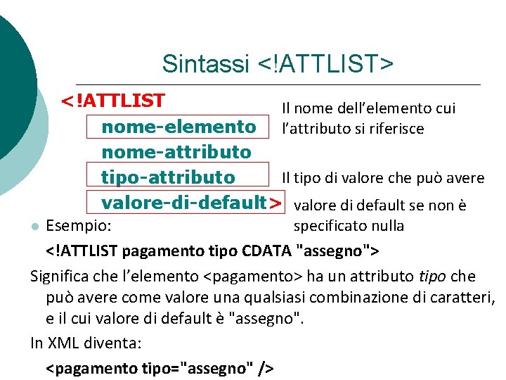 Sintassi <!ATTLIST> <!ATTLIST Il nome dell’elemento cui nome-elemento l’attributo si riferisce nome-attributo Il tipo