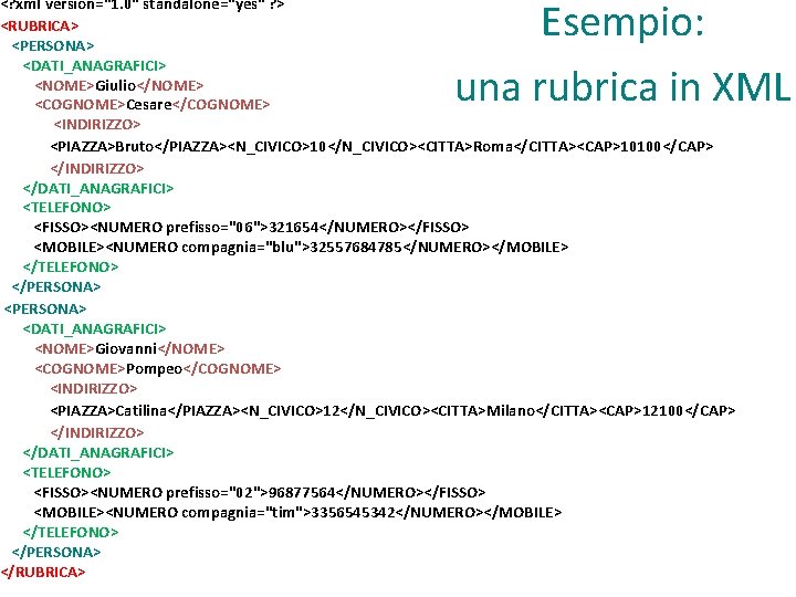 Esempio: una rubrica in XML <? xml version="1. 0" standalone="yes" ? > <RUBRICA> <PERSONA>
