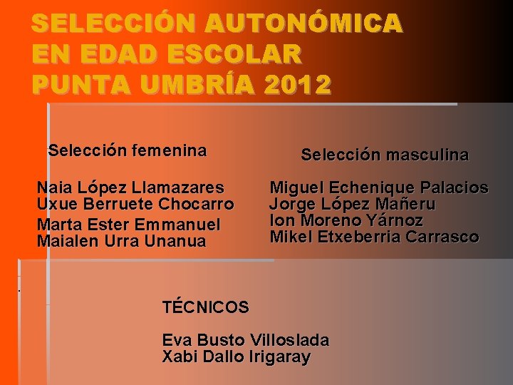 SELECCIÓN AUTONÓMICA EN EDAD ESCOLAR PUNTA UMBRÍA 2012 Selección femenina Naia López Llamazares Uxue