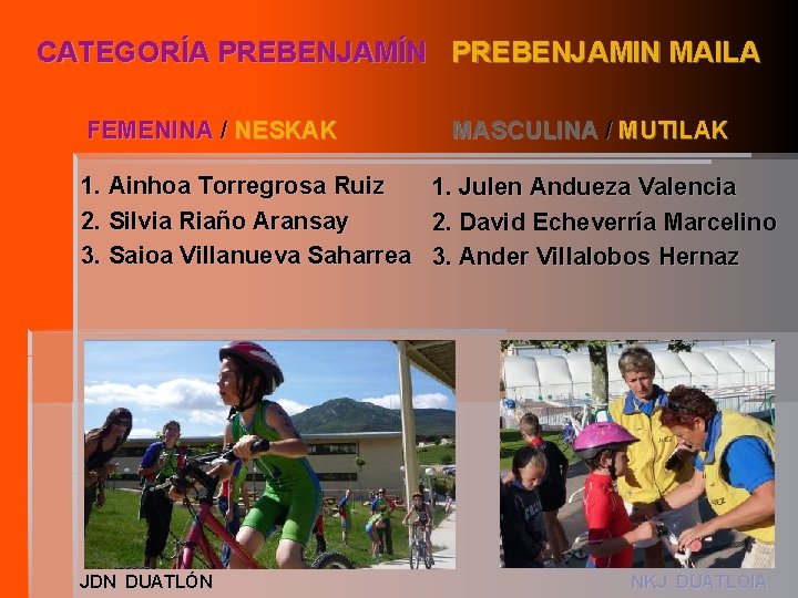 CATEGORÍA PREBENJAMÍN PREBENJAMIN MAILA FEMENINA / NESKAK 1. Ainhoa Torregrosa Ruiz 2. Silvia Riaño